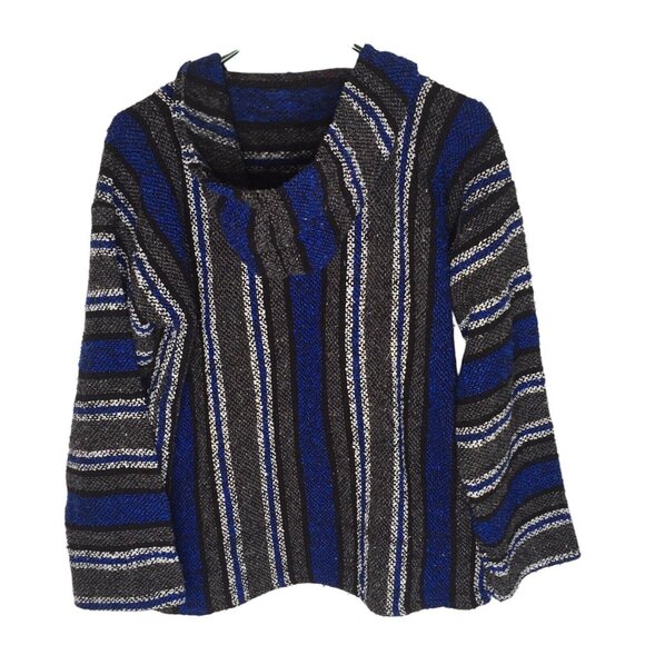 Artesanias Baja Mexican Blanket Pullover Poncho Hoodie Surfer Blue Drug Rug Sz M - Picture 5 of 10